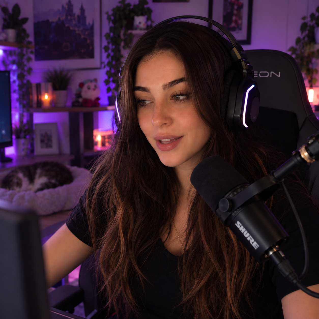Ciara at her gaming setup wearing her headset and speaking into her microphone