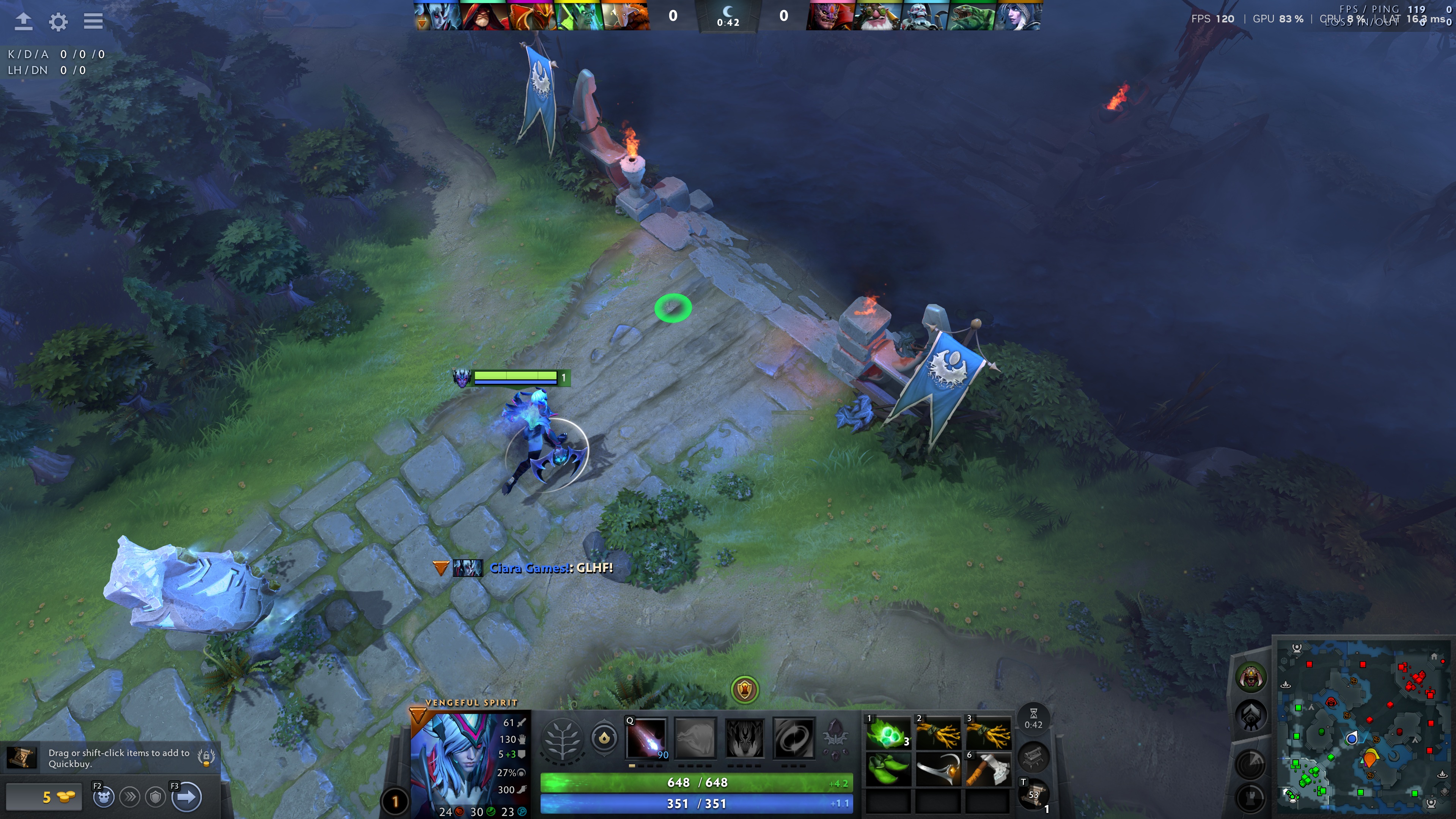 Paused Dota 2 gameplay with Vengeful Spirit on the mid lane